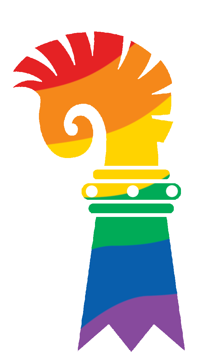 The Baslerstab, all in rainbow colors, wearing a Mohawk and a spike band.